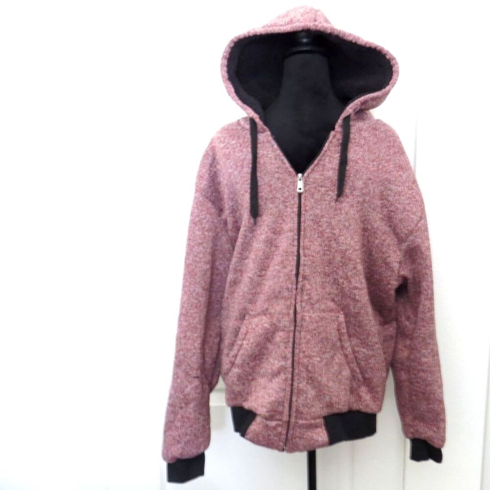 LeeHanton Mens Heavyweight Sherpa Lined Zip Up Hoodie Jacket Red Melange Size L - Picture 4 of 9